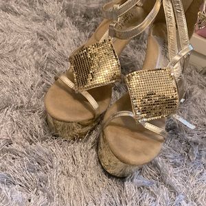 Used highest hill, gold, sequin platform, 5 inch high heels